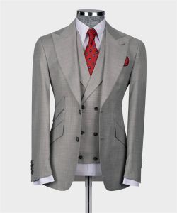 Suits Elegant Grey Classic Wedding Groom Suit 3st Blazer Vest Pants Slim Fit Business Wear Formal Party Men's Suits Set