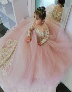 Ny ankomst långa ärmar Flower Girl Dress Fuchsia 3d Flowers Princess Party Gown Luxury Ball Glown Girl Formal Wedding Pageat Dres5167057