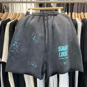 SAINT Abbigliamento fatto a mano con inchiostro spray stile retrò in tessuto ad anello, pantaloncini casual estivi da uomo e da donna, lavaggio nero di alta qualità