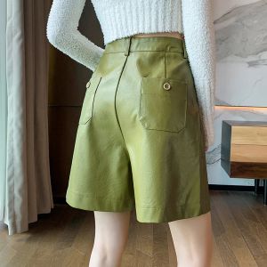 Shorts preto cintura alta sole couro calça curta 2023 outono inverno casual retro pu women