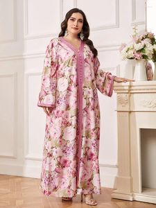 Ethnic Clothing Plus Size Women Elegant Party Evening Maxi Dresses 2024 Spring Autumn Pink Long Sleeve Casual Floral Print Formal