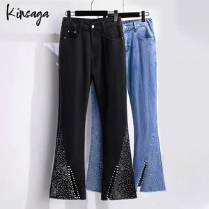 Artı beden inci çivili rhinestone flare dokuzuncu jeans 7xl kadın sokak yüksek bel geniş trompet bölünmüş boncuk demin sıska pantolon 240229