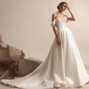 Simple Satin Sweetheart A-Line Wedding Dress Off Shoulder Sleeves Beaded Pearls Crystals Bust Bridal Gowns With Ruched Pleats Can Be Customized