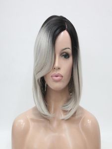 Do Not Cut Lace Front HIVISION Ombre Gray Black Root Heat ok Synthetic Hair Hand tied Invisible L Part Wig Straight Bob wig7791593