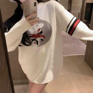 designer AutumnWinter New Product Bow Dog Pattern Round Neck Pullover Sweater for Women Paired with Socks A Set of Fashionable Trends EF3M