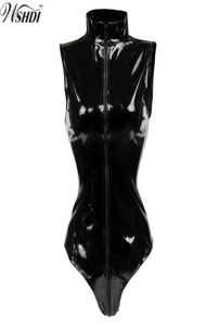 Seksi Siyah Pvc Bodysuit Fermuar Lateks Wetsook Catsuit Gotik Sahte Deri Tulum Kadınlar Fetiş PVC Teddy Clubwear Kostüm Y18101601903091