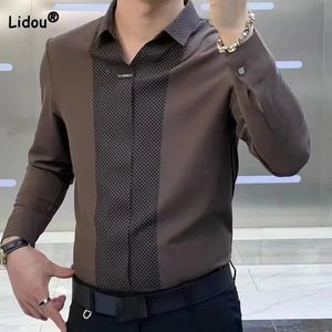 Business Office Casual Spliced ​​Poloneck Shirt for Men Spring Autumn Slim Long Sleeve Fashion Pullovers Topps Male Clothes 240226