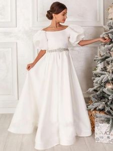 Белые платья для девочек-цветочниц, атласный пояс с бриллиантами и большим бантом, с коротким рукавом для свадьбы, дня рождения, банкета, платья принцессы 240306