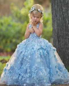 3D Floral Applique Sukienka Komunii Piękne paski krzyżowe Vneck Backless Flower Girl Dress Fluffy Tiul Ball Gown Girls Pag6194787