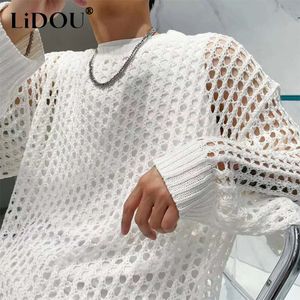 Summer Y2K Vintage Hollow Out Loose Knitting T-shirt Man All Match Geometic Tops Fashion Casual Outfits See-Though Male Pullover