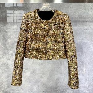 Damenjacken, hochwertige Herbst-Schwerindustrie, hochauflösende, leichte, luxuriöse Gold-Pailletten-verdickte Tweed-Kurzjacke für Damen