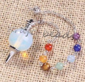 Whole UMY Trendy Silver Plated 7 Stone Beads Chakra Dowsing Pendulum Opalite Opal Pendant Fashion Jewelry1486423