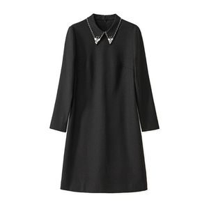 2024 Spring Black Solid Color Dress Long Sleeve Lapel Neck Kne-Lengen casual Dresses W4M053202