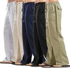 Byxor mäns avslappnade lätta linne dragstrintg elastiska midja sommarstrandbyxor med fickjoggare byxor män pantaloon