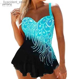 Kvinnors badkläder Kvinnor Feather Print Tankini Sommarstrand vadderad badkläder Halter Tvådel baddräkt Hög midja baddräkt S-8XL 2023 L240308