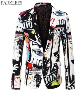 Mens Character Print Blazer Jacket Fashion Plus Size Floral Street Wear Suit Coats Casual Slim Fit Singer DJ Stage Costume Homme4766331