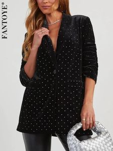 Fantoye Kerb Kragen Diamanten Funkelnden Frauen Blazer Schwarz Langarm Samt Blazer Weibliche Winter Mode Party Club Outfits 240223