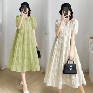Dresses 2024 Summer Maternity Pleated Dress Solid Color Loose Pregnant Woman Long Dress Short Sleeve Plus Size Pregnancy Ball Gown Dress