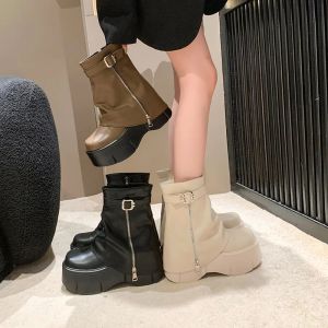 Boots New Autumn High Chunky Heeled Pants Boots For Women Midcalf 8cm Platform Wedges Zip Luxury Design Fashion Shark Booties Winter