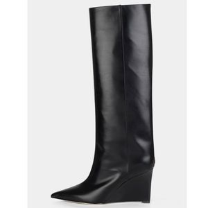 Moda feminina botas cunhas de salto alto bota alta camurça preta/couro design de luxo senhora botas de inverno