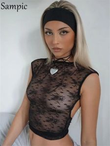 T-Shirt Sampic Mesh Lace Sexy Sheer Backless Crop Top Women Y2k Summer See Through Sleeveless Tank Top Party Clubwear Black