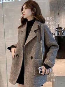 Płaszcze damskie okopy 2024 Blazers Autumn Winter Turn-Down Wooll Blends Korean Fashion Solid Tweed Jacket Prostota