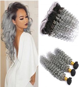 Malaysian Silver Grey Ombre Human Hair Bundles 3Pcs with Lace Frontal 13x4 Deep Wave Ombre 1B Grey Full Lace Frontal with Weaves7796255
