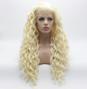 Iwona cabelo encaracolado longo branco luz loira mix peruca 181001613 meia mão amarrada resistente ao calor peruca dianteira do laço sintético9216751