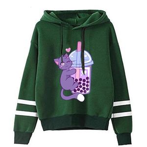 Jugendliche Frau Kleidung Hoodies lange Ärmel lila Katze hält Perle Milch Tee lässig High Street Fleece Mode Trend Hoody Tops 240301