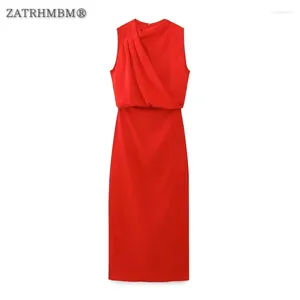 Casual Dresses Zatrhmbm Women 2024 Summer Fashion Fold Decoration Midi Dress Vintage Sleeveless Back Zipper Female Vestidos Mujer