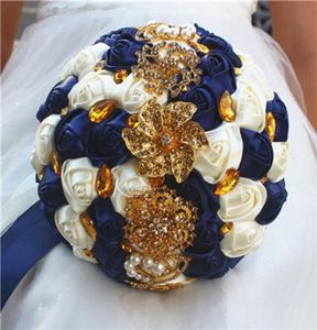 Sztuczne bukiety ślubne Roses Wstążka Kwiaty Kryształowy Rhinestone Bridal Wedding Bukiet Czerwony Kości z kości słoniowej ręcznie robiony ślub A9050827