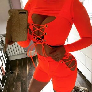 Capris BKLD 3 Piece Set Women Bodycon Orange Crop Top Short Pants Set For Women Festival Clothing Sexig Summer Club Party Outfits Women