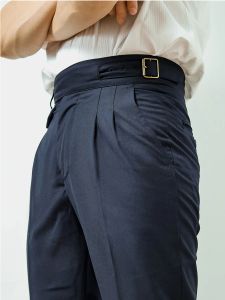 Pants Worsted Fabric Navy Blue Gurkha Casual Pants Men Summer Highwaisted Slim NinePoints Byxor Pure Custom Plus Size