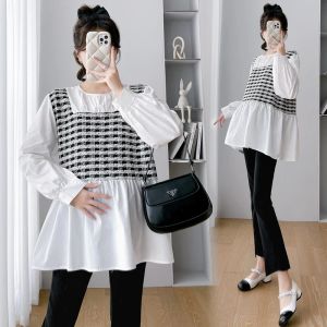 Shirts 7152# Autumn Korean Fashion Patchwork Maternity Blouses Sweet Lovely Loose Shirt Clothes for Pregnant Women Pregnancy Tops