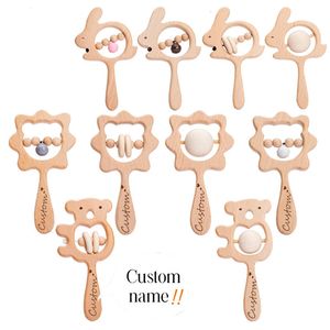 1st Baby Toys Wood Rattle Animal Series Hand Bell Custom Teether Children Känner igen Child Gift 240226