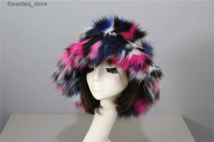 Wide Brim Hats Bucket Hats 2022 Winter Thick Furry Rainbow Fisherman Hat Faux Fur Women Girl Fur Vacation Hat Winter Outdoor Earwarmer Casual Hats Hot Sale L240305