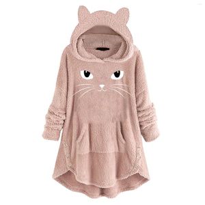 Women's Hoodies Fleece Long Sleeve Cute Print Loose Pocket Pullover Thicken Warm Button Casual Female Fast