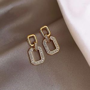 Stud Earrings Hollow Geometric Square for Women Korean Fashion Micro Inlaid Zircon Gold Color Unusual Metal Earring Jewelry