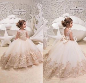 Princess Flower Girls' Dresses with Bow Backless Lace Applique Long Floor Communion Dress for Party