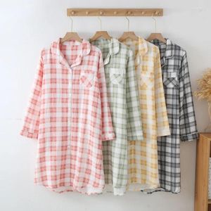 Women's Sleepwear Spring / Autumn Plaid Sleepshirts Double-layer Gauze Cotton Home Clothing Thin Long Sleeved Casual Lapel Pajama Skirt