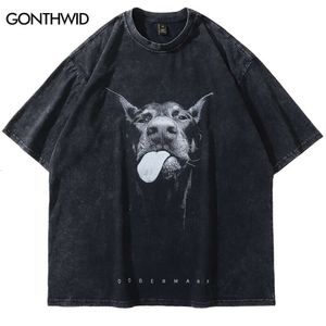 2023 homens streetwear hip hop oversized t camisa engraçado doberman cão gráfico camiseta vintage lavado preto camiseta haruku algodão