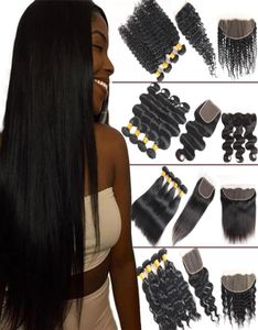 8A Straight Brazilian Human Hair 4 Bundles with Closure Body Deep Water Wave Virgin Hair Bundles with Lace Frontal Kinky Curly Ext1350276