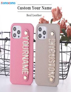 Cell Phone Cases Custom Name Real Cowhide Leather Case For i 11 12 13 Pro Mini Max 14 14ProMax 14PRO Diamond Metal Letters Cover C1117150