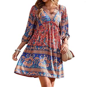 Vestidos casuais mulheres verão boêmio vestido estilo étnico floral v-pescoço manga bufante moda grande balanço curto