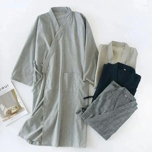 Mäns Sleepwear 2024 Casual Cotton Line Pyjamas Solid Soft Male Bath Robe Japanese Kimono Nightgown Home Clothes Men