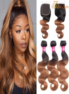 1B30 Brazylijska fala ciała Virgin Hair Bundles z zamknięciem Ombre Human Hair Bundles 4x4 Lace Closure with Hair Bundles6282610