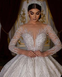 Full Bling Sequins Ball Gown Wedding Dress Sheer Jewel Neck Long Sleeve Bridal
