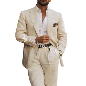 Beige Slim Fit Casual Mens Suits Notoched Capel For Men Wedding Party Business Tuxedos 2 sztuki Blazer Spods Costume Homme 240304