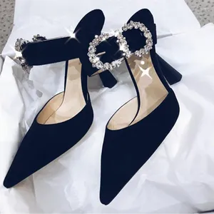 Rhinestone Shoes Dress Buckle 274 Bling High Heels Pointy Toe Crystal Pumps Women Mules Silk Suede Slippers Slingbacks Party Wedding