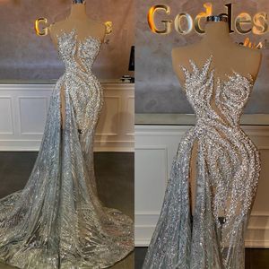 Sparkly Mermaid Prom Dress V Neck Sleeveless paljetter Lace 3D Lace Hollow Side Slit Shead Soaded Applices Evening Dresses Custom Made B2704